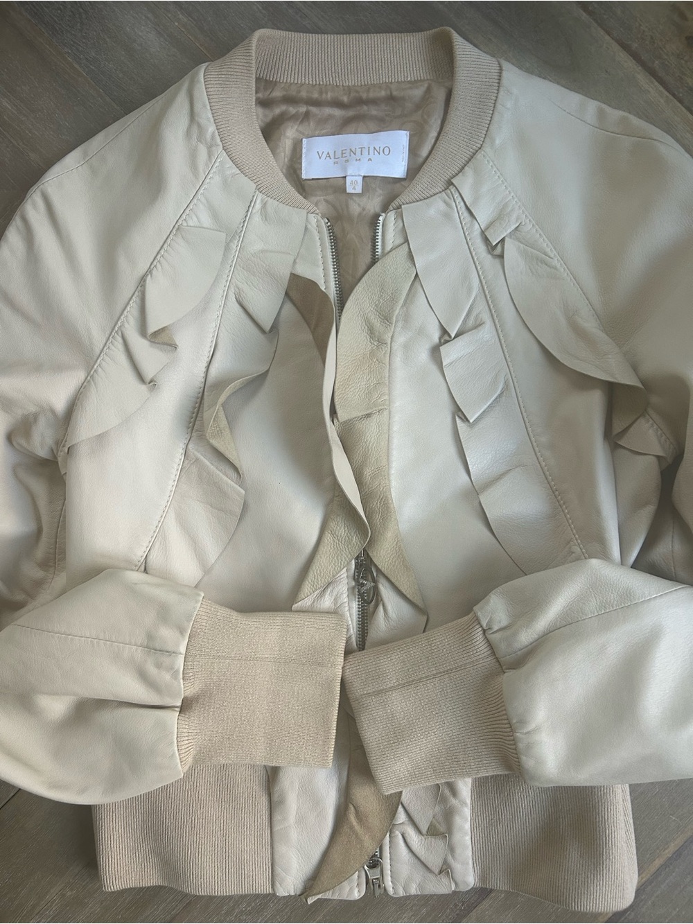 Valentino Roma Soft Ruffled Cream Leather Bomber Jacket